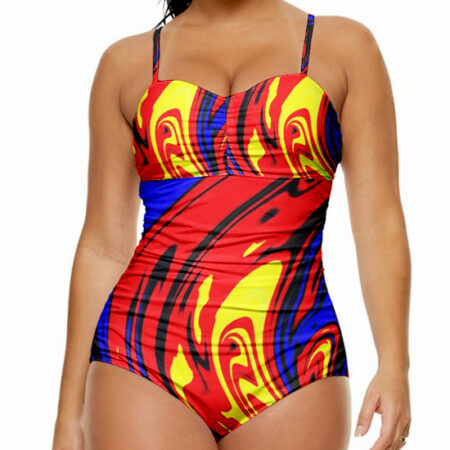 Front close-up view of HOLYSHI* x Hellfire Empire Sweetheart Bra-Top One-Piece Keyhole Swimsuit