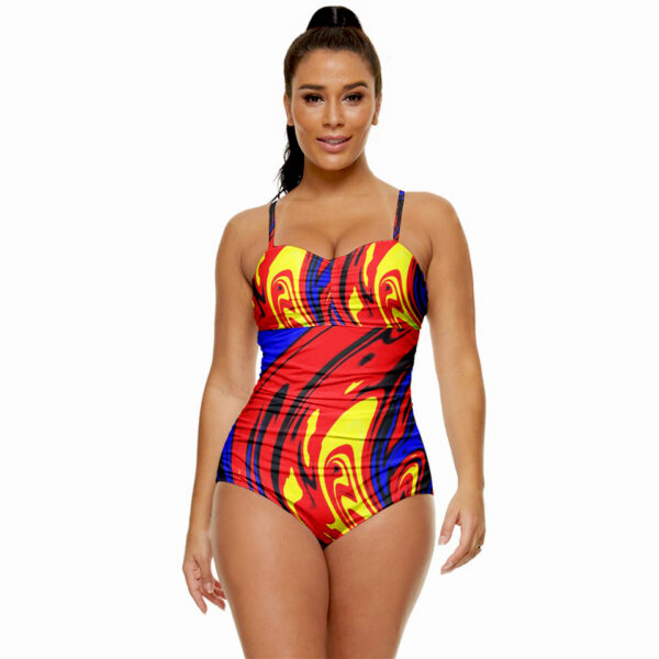 Front view of model wearing Hellfire Empire Sweetheart Bra-Top One-Piece Keyhole Swimsuit