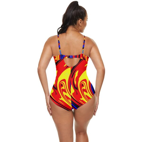 Back/rear view of model wearing Hellfire Empire Sweetheart Bra-Top One-Piece Keyhole Swimsuit