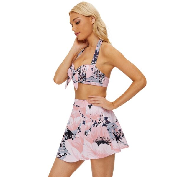 Front-left side view of model wearing Vino Dolce Classic Keyhole Sweetheart Halter Bikini Skirt Set