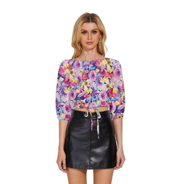 Blossom Half-Sleeve Pullover Drawstring Crop Top - Image 2