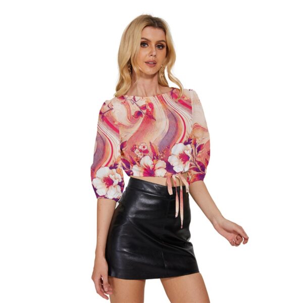 Coral Florals Half-Sleeve Pullover Drawstring Crop Top - Image 4