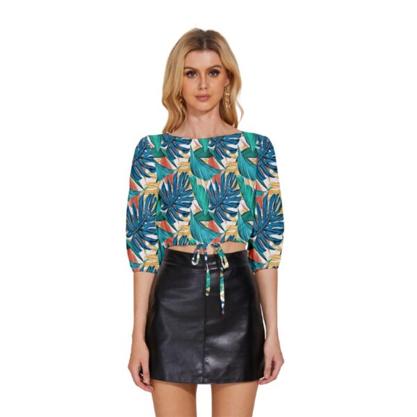 Monstera Half-Sleeve Pullover Drawstring Crop Top - Image 2