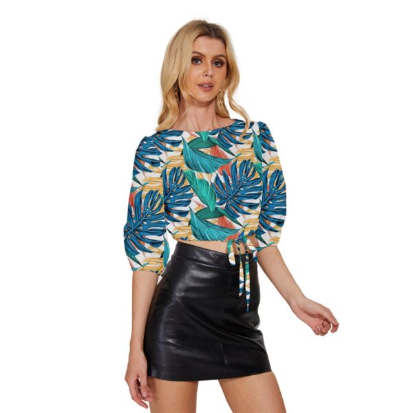 Monstera Half-Sleeve Pullover Drawstring Crop Top - Image 4