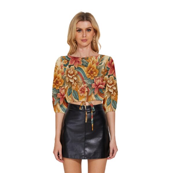 Sunset Florals Half-Sleeve Pullover Drawstring Crop Top - Image 2