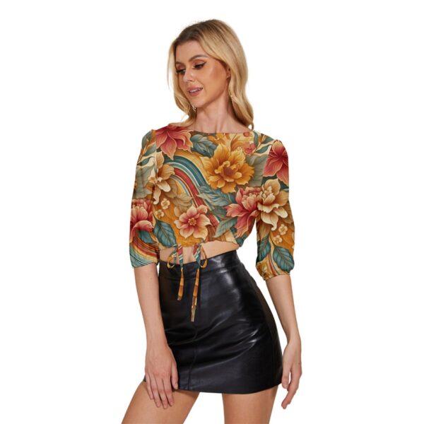 Sunset Florals Half-Sleeve Pullover Drawstring Crop Top - Image 3