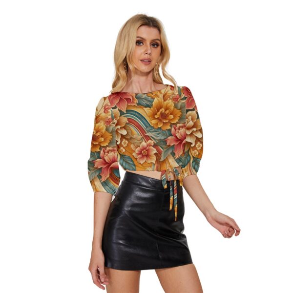 Sunset Florals Half-Sleeve Pullover Drawstring Crop Top - Image 4